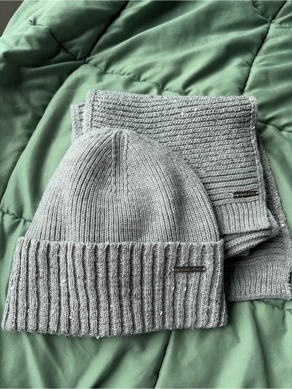 Michael Kors Light Gray Ribbed Knit Beanie and Scarf Set